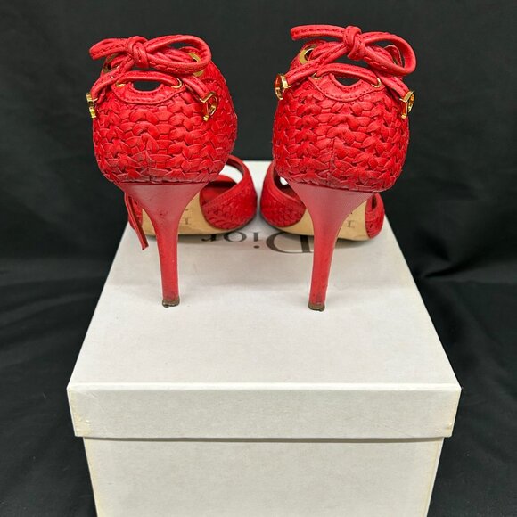 Christian Dior Soft Lady Dior Red Leather Woven Peep Toe Heels Shoes 37.5 7.5 - Picture 3 of 12